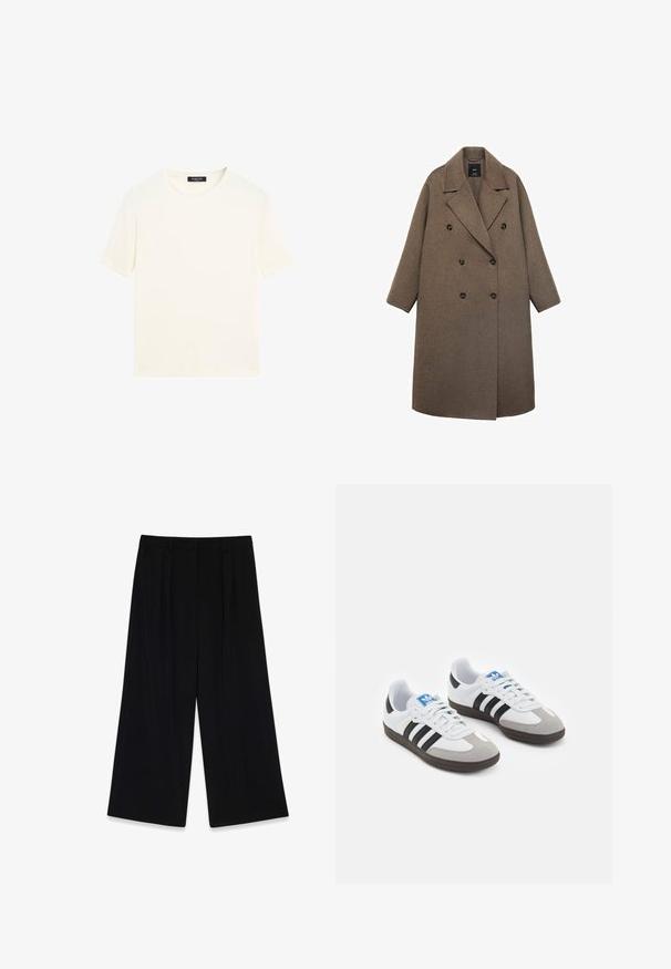 Dobbeltbreasted frakke i brun uld med notch-krave, store sorte knapper og brede ærmer, med et knæ-langt design.; Olivengrøn strikket cardigan med rund halsudskæring, store knapper nedad foran, og ribbetræk ved ærmer og kant. Blød tekstur, afslappet pasform.; Klassisk hvid kortærmet T-shirt med rund hals og sort label ved kraven, lagt fladt mod en hvid baggrund.; Sorte vide bukser lavet af glat stof, der har læg foran, en mellemhøj talje og ingen synlige lukninger eller pynt.; Sportsko med en overdel i hvid læder, grå ruskind på tåen og tre sorte striber. Har et blåt logo på tungen og en struktureret gummisål.