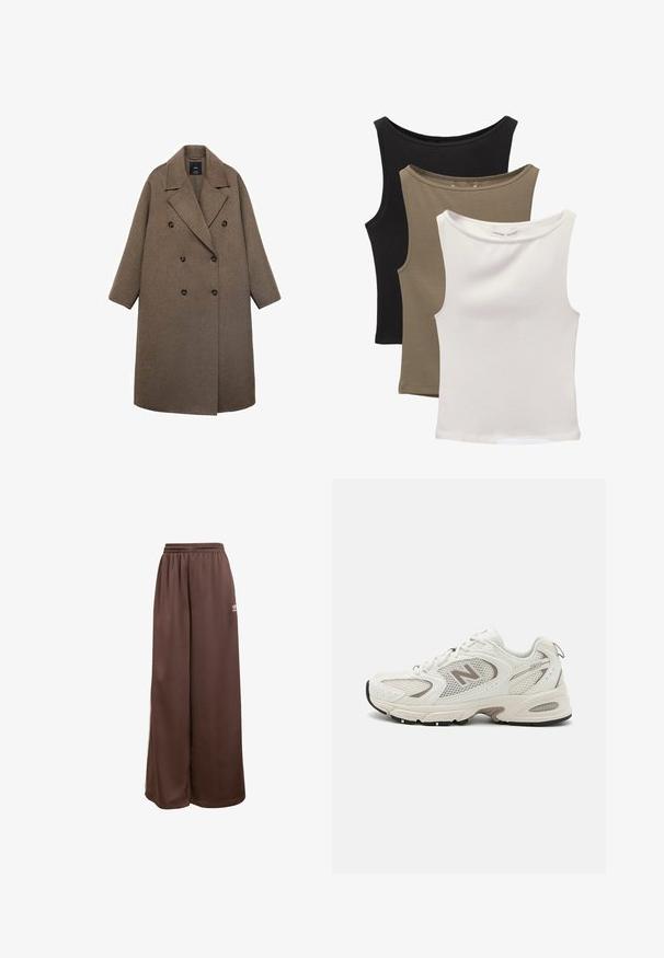 Dvojvrstni plašč iz rjave volne z žepi, velikimi črnimi gumbi in širokimi rokavi, ki ima dolžino do kolen.; Trii brezrokavniki zloženi: črn, olivno zeleni in beli. Tkanina je gladek, raztegljiv material z zaobljenimi ovratniki in brez vzorcev.; adidas Originals Spodnji deli trenirk - auburn cream white; Bela mrežasta tekaška obutev z sivo akcenti, zaokroženim prstom, vezalnim dizajnom, oblazinjenim podplatom in vidnim logotipom "N" na strani.