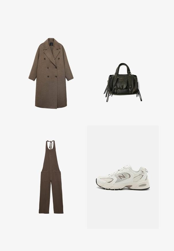 Palton din lână maro, cu guler tăiat, nasturi mari negri și mânici largi, având un design până la genunchi.; Trei topuri fără mâneci stivuite: negru, verde măsliniu și alb. Țesătura este un material neted și elastic, cu decolteuri rotunjite și fără modele.; Salopetă maro fără mâneci, cu pantaloni largi, gât halter și buzunare frontale mari.; Pantofii de alergare din plasă alba cu accente gri, vârf rotunjit, design cu şireturi, talpă căptușită și un logo "N" proeminent pe lateral.; Geantă din piele neagră, cu mânere împletite, buzunar cu fermoar și ciucuri suspendați. Suprafață texturată cu capse metalice și accente din metal.