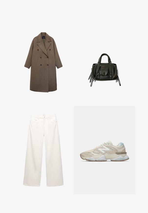Dwurzędowy płaszcz z brązowej wełny z ząbkowanym kołnierzem, dużymi czarnymi guzikami i szerokimi rękawami, o długości do kolan.; Brązowa i biała w paski koszulka polo z długim rękawem, z kołnierzykiem i trzema guzikami, wykonana z miękkiego materiału.; Białe jeansy z szerokimi nogawkami wykonane z denimu, z wysokim stanem, posiadające przednie kieszenie oraz metalowe elementy przy zapięciu na guzik i suwak.; Beżowe i jasnoniebieskie siateczkowe oraz zamszowe buty sportowe z białym logo „N” i masywną białą oraz brązową podeszwą, widok z boku.; Czarna skórzana torebka z plecionymi uchwytami, kieszenią na zamek i zawieszkami. Teksturowana powierzchnia z metalowymi ćwiekami i akcentami ze stali.