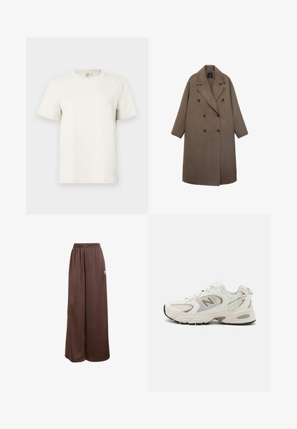 Dubbelknäppt kappa i brunt ull med notch-krage, stora svarta knappar och vida ärmar, med en knälång design.; Ljusbeige bomullströja med rund hals, korta ärmar och regular fit. Slät textur och minimalistisk design utan mönster eller accenter.; adidas Originals Träningsbyxor - auburn cream white; Vita nätlöparskor med grå detaljer, rundad tå, snörning, dämpad sula och en framträdande "N"-logotyp på sidan.