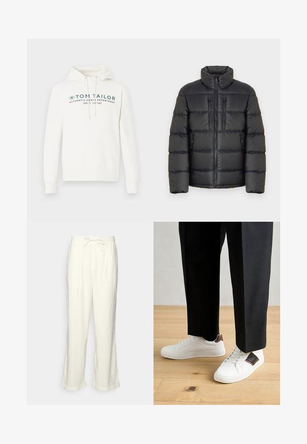 TOM TAILOR SPORTY PUFFER - Žieminė striukė - black; Balta huaudine suknelė su kengūros kišene, su priekiniais grafikos spaudiniais tamsiai žaliame atspalvyje ir reguliuojamomis raišteliais ant kapšelio.; Neryškios baltos lino kelnės su raišteliu liemens srityje, šiek tiek plačiomis kojomis ir sukniustais mankštiniais kraštais, suteikiančiais laisvą prigludimą. Be kišenių.; Balti sportbačiai su glotnia danga, puošti rudais odiniais akcentais ir juodais detalėmis, derinami su juodais pritaikytais kelnėmis. Medinių grindų fonas.