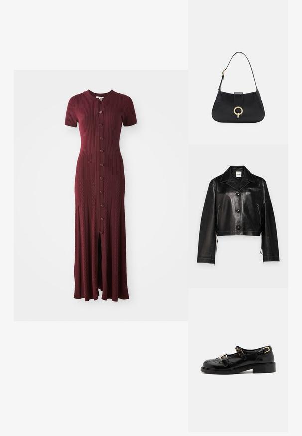 Juodas odinis apkarpytas švarkas su įpjovimu ant apykaklės, priekiniais mygtukais, šoninėmis užtrauktukais ir krūtinės kišene. Lygus paviršius ir prigludęs dizainas.; Bordo raukšlėtas maksi suknelė su trumpomis rankovėmis, apvalia iškirpte ir mygtukų užsegimu priekyje. Yra centrinė prapjova ir tekstūruotas raštas.; Juodi odiniai batai su brogučių detalėmis, turintys dvi sagtis, apvalų nosį ir žemą kulną. Lygus paviršius su blizgiu finišu.; Juoda odinė rankinė su kreiva siluetu, trumpa rankena, centriniu auksinės spalvos apdailos elementu ir lygiomis tekstūromis. Nėra matomų raštų ar akcentų.