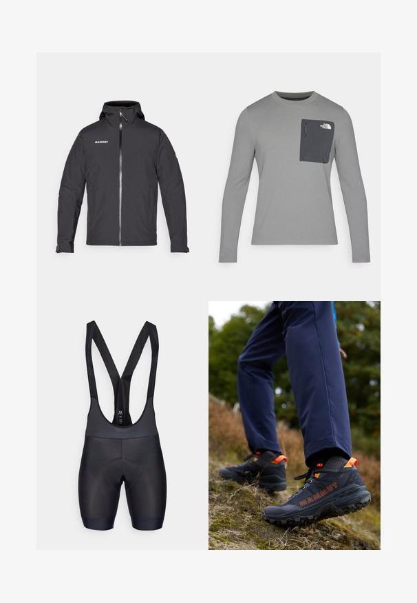 Musta vedenpitävä takki hupulla, edessä vetoketju ja logo yksityiskohtana vasemmalla rintapielessä. Pitkät hihat, joissa on säädettävät hihansuut.; Harmaa pitkähihaisuus paita, jossa on teksturoitu kangas, tummanharmaalla rintataskulla ja vetoketjukiinnityksellä. Taskussa valkoinen logo.; Mustat pyöräilybibtallit, joissa on teksturoitu kangas, pehmustettu chamois mukavuutta varten ja säädettävät olkahihnat. Sujuva pinta ja istuva muotoilu.; Mustat vaelluskengät, joissa on teksturoitu päällys, kirkkaat oranssit yksityiskohdat ja kestävä pohja, yhdistettynä tummansinisiin ulkoiluhaalareihin epätasaisella maastolla.