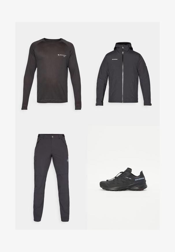 Zwarte waterdichte jas met een capuchon, voorrijzipper en logoborduring op de linkerborst. Heeft lange mouwen met verstelbare manchetten.; Langarm sportshirt in effen zwart, met een ronde halslijn en raglanmouwen. Gemaakt van vochtafvoerende stof met een logo-detail.; Donkergrijze outdoorbroeken met een slim fit, gemaakt van flexibel materiaal. Voorzien van drie zakken met rits en een logodetail.; Zwarte trailrunning-schoen met een gestructureerde bovenkant, elastische veters en Contagrip-buitenzool. Bevat een goede pasvorm en beschermende teenkap.