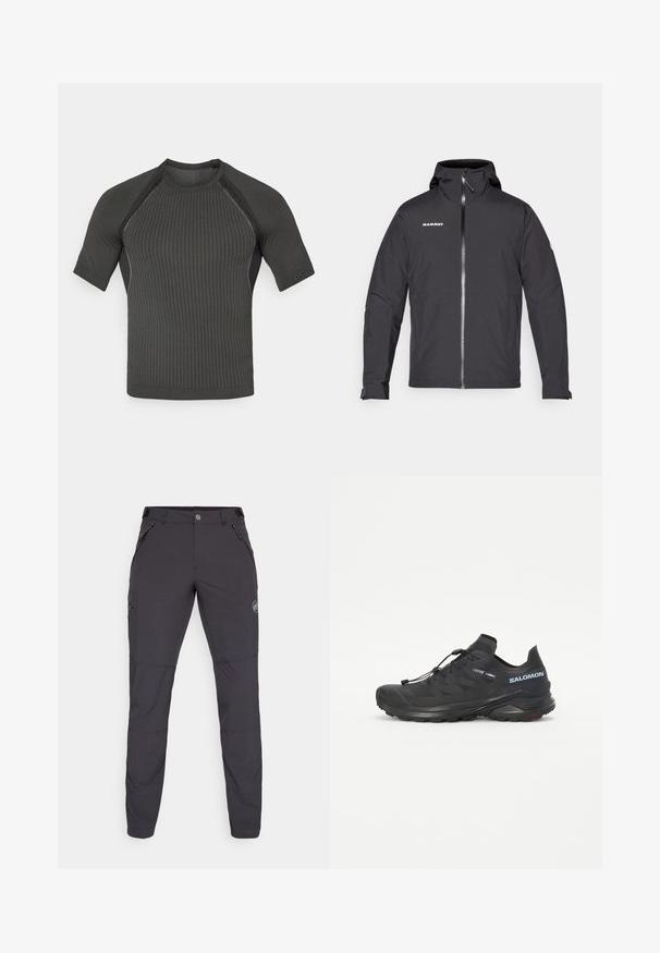 Melna ūdensnecaurlaidīga jaka ar kapuci, priekšējo rāvējslēdzēju un logotipa detaļu kreisajā krūtī. Vārdā iezīmētas garās piedurknes ar regulējamām aprocēm.; Īsu piedurknu melna sporta krekls ar teksturētu ribotu rakstu, piegulošu dizainu un minimālisma apdari ap piedurknēm un apkakli.; Tumši pelēki āra bikses ar šauru piegriezumu, izgatavotas no elastīga materiāla. Iekļauj trīs kabatas ar rāvējslēdzējiem un logotipa detaļu.; Melna taku skriešanas apava ar teksturētu augšdaļu, elastīgām auklām un Contagrip zoli. Iekļauj ciešu piegulšanu un aizsargājošu pirkstu daļu.