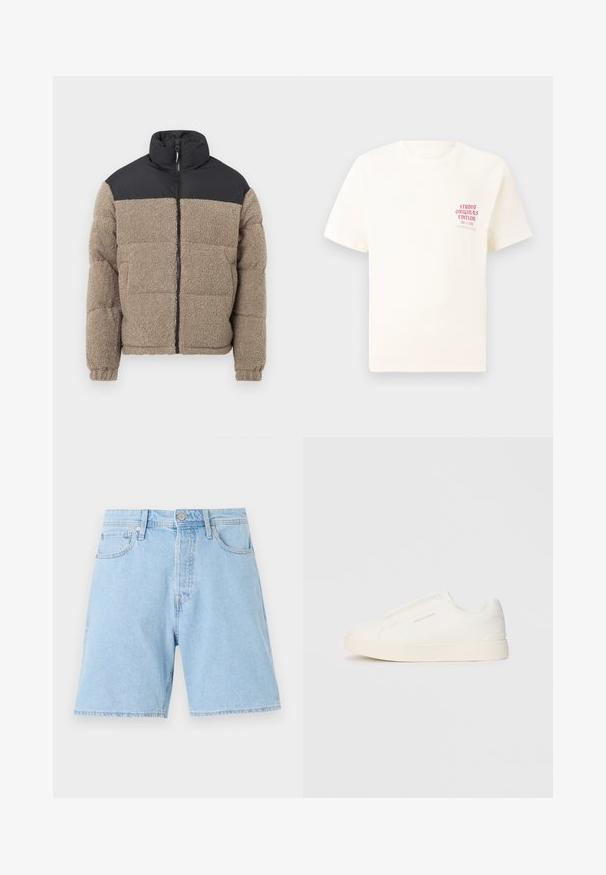 Chaqueta de plumas con cuerpo de forro polar texturizado marrón y parte superior de nylon negro. Cuenta con un cuello alto y cierre de cremallera frontal.; Camiseta blanca de manga corta con el texto rojo "Edición de Studio Originals" en el lado izquierdo del pecho, exhibida sobre un fondo gris neutro.; Shorts de mezclilla azul claro con un corte clásico, cinco bolsillos, cierre de botón y dobladillo cosido. Tejido resistente con una textura suave.; Zapatillas blancas tipo slip-on con una superficie texturizada, suela gruesa y diseño minimalista. Presenta el logo de la marca en un lado.