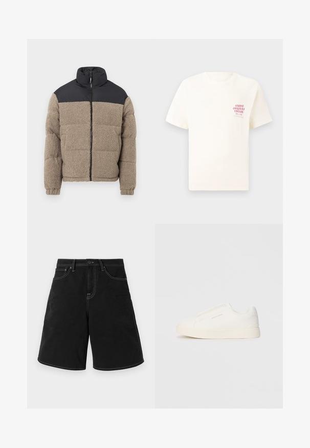 Sooja jakk, millel on pruun tekstureeritud fliiskere ja must nylonist ülaosa. Omab kõrget kaelust ja eesmist tõmblukku.; Valge lühikeste varrukatega T-särk, millel on vasakul rinnal punane tekst "Studio Originals Edition", esitatud neutraalsel hallil taustal.; Mustad denim lühikesed püksid sirge lõikega, millel on kontrastne valge õmblus, ees taskud ja nööbivöökoht. Sile tekstuur.; Valged libisemiskindlad tossud tekstuuriga pinnaga, paksu tallaga ja minimalistikus disainis. Küljel on brändi logo.