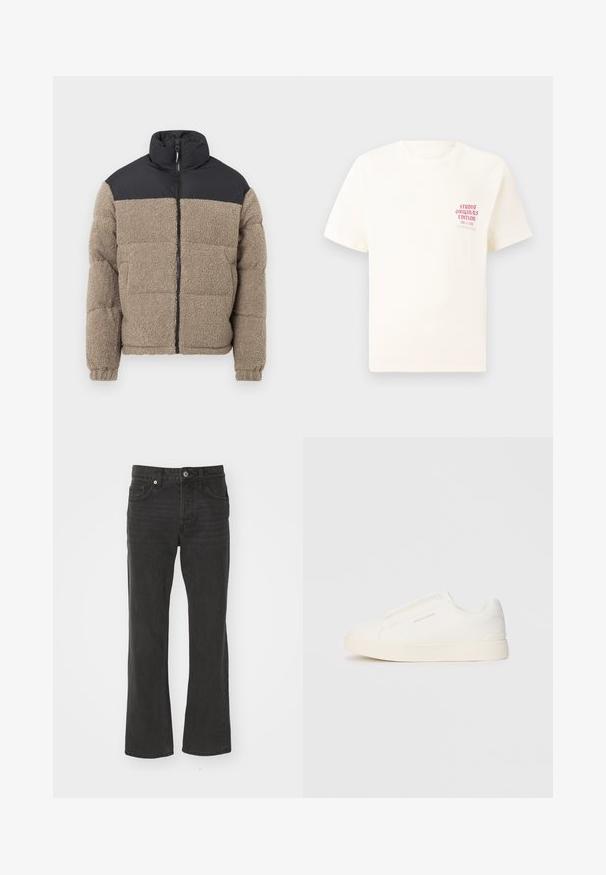 Puffersjakke med en brun teksturert fleece-kropp og svart nylon øverdel. Har høy krage og front-lukkning med glidelås.; Hvit T-skjorte med korte ermer og rød tekst "Studio Originals Edition" på venstre bryst, vist på en nøytral grå bakgrunn.; Svart, rette jeans laget av denim med klassisk fem-lomme design og metallhardware. Glatt tekstur med en lett stretch.; Hvite slip-on joggesko med teksturert overflate, tykk såle og minimalistisk design. Har merkevarelogo på siden.