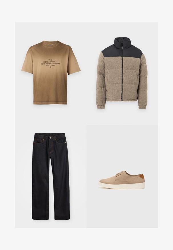 Puffersjakke med en brun teksturert fleece-kropp og svart nylon øverdel. Har høy krage og front-lukkning med glidelås.; Brun bomull t-skjorte med korte ermer, prydet med en sentrert grafikk i mørk brun tekst. Klassisk rund hals, rett søm.; Men's straight-leg svarte denim jeans med fem lommer og oransje søm, knapp og glidelås lukking foran på midjen.; Beige semskinnsko med rund tå, snøring foran og en teksturert bakre aksent. Hvit gummisåle gir kontrast. Enkelt og moderne design.