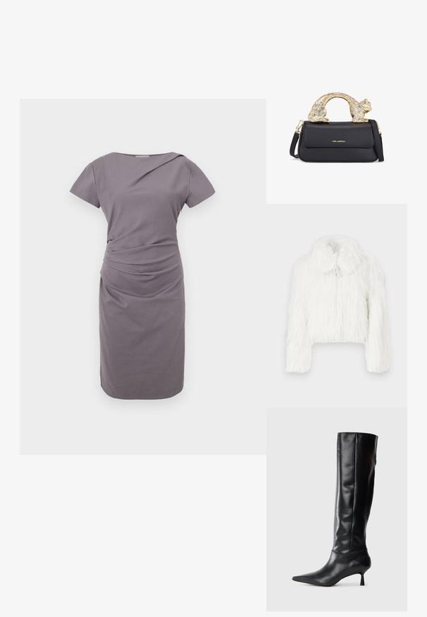 Lühikeste varrukatega valge karusnaha jakk, millel on koheline tekstuur, ümmargune krae ja pikkade varrukatega. Pehme, tihe kangas, milles ei ole nähtavaid kinnitusi.; Hallkaja lühikeste varrukatega kleit, millel on keha ligi lähedane siluett, kogutud detailid vööl, sile tekstuur ja põlvekohal hem.; Must musta kõrge saabas terava ninaga ja sihvakate kaartega kontsadega. Sile tekstuur, keha vastav disain ja nähtava riistvarata või mustriteta.; Must või voodri tasku ja kuldne kassi kujuline käepide, millel on esine klapp, reguleeritav rihm ja logodetail alumisel ees.