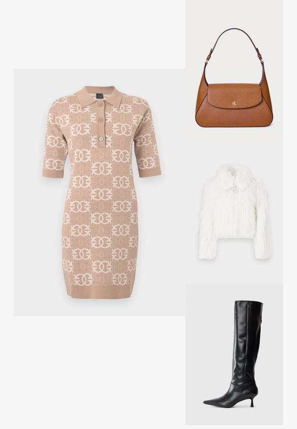 Skraćena jakna od bijelog krzna s pahuljastom teksturom, koja ima okrugli ovratnik i duge rukave. Mekani, gusti materijal bez vidljivih kopči.; Bež haljina od pletene tkanine s ovratnikom, kratkim rukavima i ponavljajućim uzorkom logotipa u svjetlijoj nijansi. Ima tri gumba sprijeda.; Crna kožna čizma do koljena s oštrim vrhom i uskim zakrivljenim petama. Glatka tekstura, prilagođeni dizajn i bez vidljivih dodataka ili uzoraka.; Smeđa kožna torba s strukturiranim dizajnom, ravnim poklopcem i jednim zakrivljenim remenom. Sadrži zlatne elemente s utisnutim logotipom.