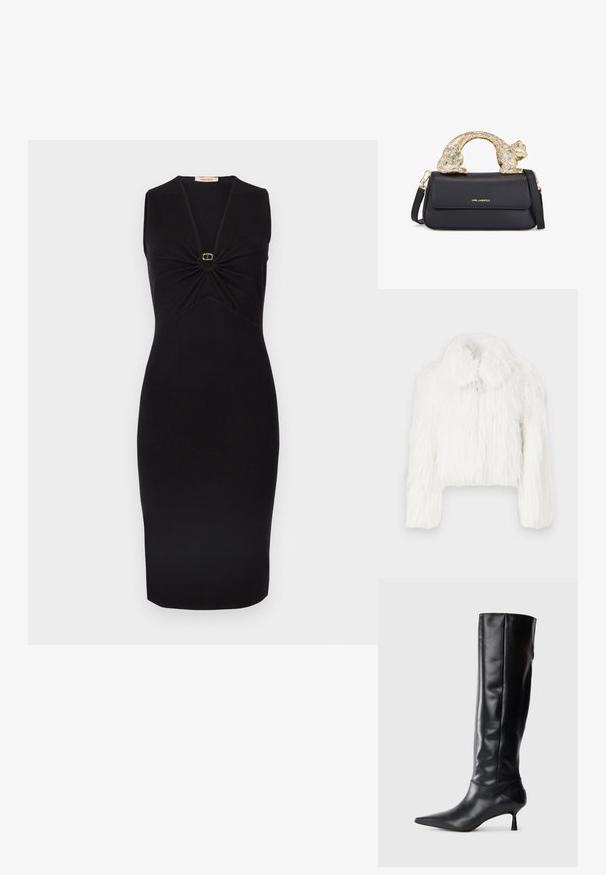 Veste en fourrure blanche coupée avec une texture duveteuse, dotée d'un col rond et de manches longues. Tissu doux et dense sans fermetures visibles.; Robe noire sans manches avec un col en V et un détail froncé au niveau de la poitrine, ornée d'un petit accent circulaire doré au centre. Silhouette ajustée.; Botte en cuir noir hautes jusqu'au genou avec un bout pointu et un talon fin et courbé. Texture lisse, design ajusté, sans matériel ni motifs visibles.; Sac à main en cuir noir avec une poignée en forme de chat dorée, comportant un rabat à l'avant, une bandoulière ajustable et un logo sur le bas devant.