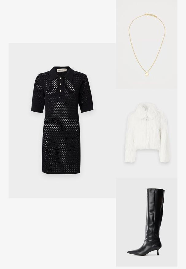 Trumpas baltas kailinis švarkas su pūkuota tekstūra, suapvalintu apykakle ir ilgomis rankovėmis. Minkšta, tanki medžiaga be matomų segtukų.; Juodos spalvos megzta polo suknelė trumpomis rankovėmis, su tekstūruotu atviru tinklo raštu ir trimis perliukais panašiais į mygtukus ant apykaklės.; Juodai odiniai iki kelių batai su smailiu pirštu ir plonu lenktu kulnu. Lygus paviršius, prigludęs dizainas ir be matomų detalijų ar raštų.; Auksinis vėrinys su plona grandinėle, ant kurios yra mažos, tolygiai išdėstytos karoliukai ir apvalus pakabukas. Pakabuko paviršius lygus ir atspindintis.