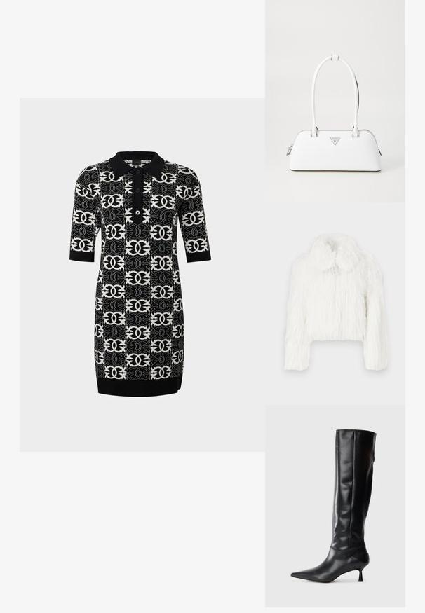 Gekürzte weiße Felljacke mit einer flauschigen Textur, runder Kragen und langen Ärmeln. Weicher, dichter Stoff ohne sichtbare Verschlüsse.; Strick-Polo-Kleid mit einem schwarz-weißen geometrischen Muster. Es hat kurze Ärmel, einen Kragen und drei Knöpfe auf der Vorderseite.; Schwarze Lederstiefel bis zum Knie mit spitzem Zehenbereich und schmalem, geschwungenem Absatz. Glatte Textur, enganliegendes Design und keine sichtbaren Beschläge oder Muster.; Weiße Lederhandtasche mit geschwungener Form, versehen mit einem silbernen dreieckigen Logo und einem Reißverschluss. Glatte Textur und zwei Griffe.