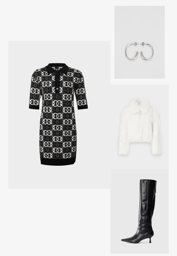 Krknjena bela krznena jakna z puhasto teksturo, s krožno ovratnikom in dolgimi rokavi. Mehka, gosta tkanina brez vidnih zaponk.; Pletene polo obleka z črno-bež geometrijskim vzorcem. Ima kratke rokave, ovratnik in tri gumbe spredaj.; Črne usnjene škornje do kolen z ozkim nosom in vitkim, ukrivljenim peto. Gladka tekstura, prilegajoč dizajn in brez vidnih dodatkov ali vzorcev.; Srebrne obročaste uhane z gladko, sijočo površino. Zaobljena oblika, lahka zasnova, z zapiranjem na zatič.