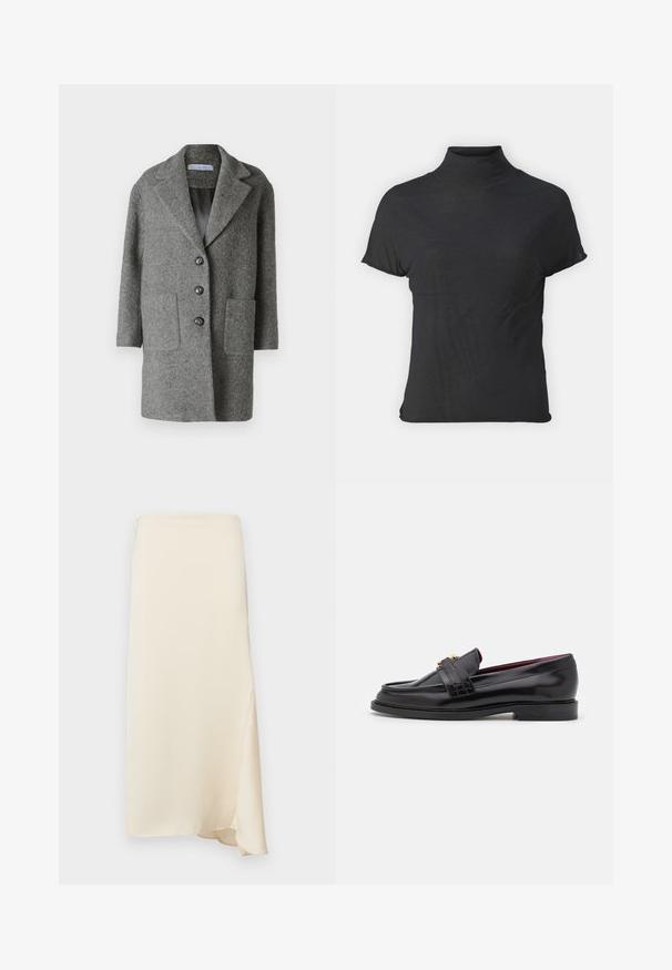 Manteau en laine grise avec un col à revers, trois boutons, deux poches avant et une doublure intérieure lisse. Design ajusté et structuré.; Haut noir à manches courtes avec col roulé, fabriqué en tissu léger à la texture lisse et à la coupe ajustée, présentant un col montant.; WEEKEND MaxMara AIA - Jupe crayon - ecru; Mocassins en cuir noir avec un motif cousu, texture lisse, détail de boucle dorée et bout arrondi, posés sur une semelle noire basse.
