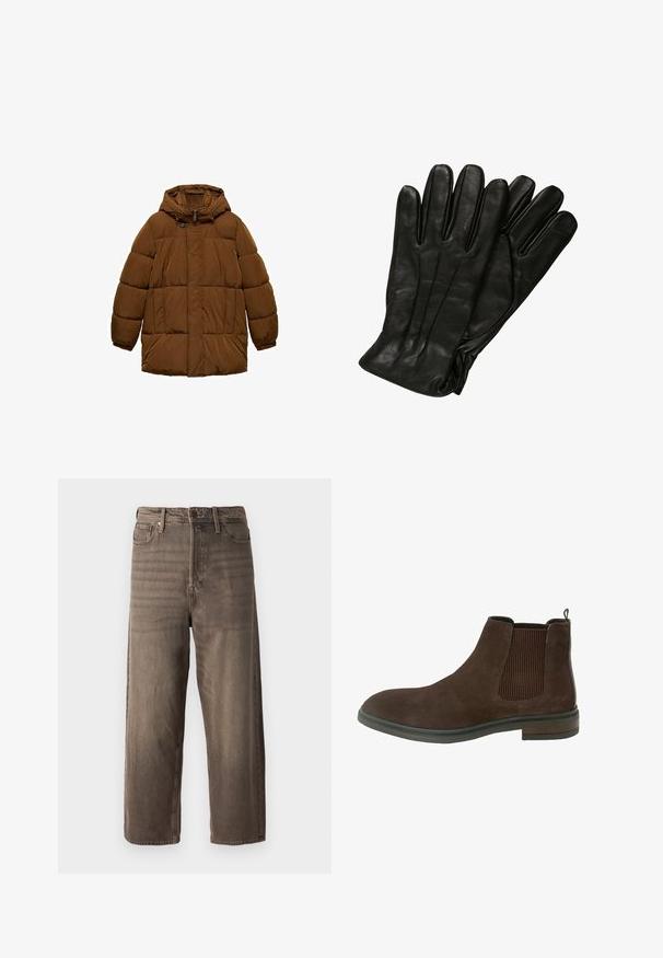 Brun polstret jakke med hætte, der har en frontlynlås, to sidelommer og elastiske manchetter. Fremstillet af let, vandafvisende materiale.; Brun langærmet polo-shirt lavet af bomuld, med krave, knaplukning og ribbede manchetter; glat tekstur og afslappet pasform.; Brune vide ben jeans lavet af denim. Har en lynlås, bæltesløjfer og fem lommer. Stoffet har et falmet, tekstureret udseende.; Brune ruskind ankelstøvle med elastiske sidepaneler, rund tå og en lav stablet hæl. Har en syning detalje langs sålen.; Sorte læderhandsker med en glat tekstur, fem fingre og subtile syninger. Klassisk design, egnet til brug i koldt vejr.