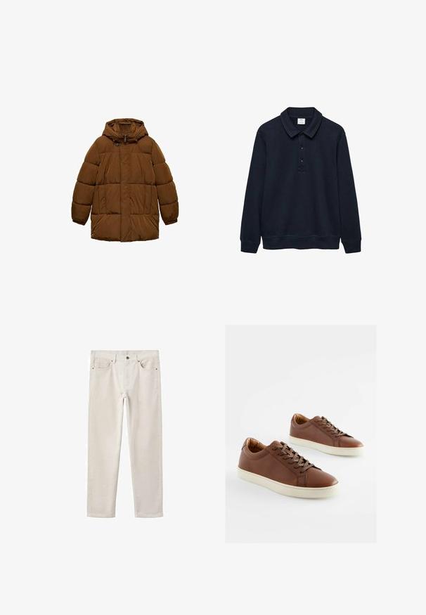 Ruskea pehmeä takki hupulla, jossa on etuvetoketju, kaksi sivutaskua ja joustavat hihansuut. Valmistettu kevyestä, vedenkestävästä materiaalista.; Laivaston pitkähihaisen polo-paidan, joka on valmistettu pehmeästä materiaalista. Paidassa on käännettävä kaulus, kolme nappia sekä röyhelöity hihansuu ja helma.; Vaaleanbeige puuvillafarkut, suora lahje, viisi taskua, metallinappikiinnitys ja häivähdys tekstuuria. Ei näkyviä kuvioita tai koristeita.; Ruske nahkakevadelise disainiga tennised sileda tekstuuriga, valged kummist tallad ja sobivad pruuni värvi paelad. Ümar nina disain minimaalsete õmblusdetailidega.