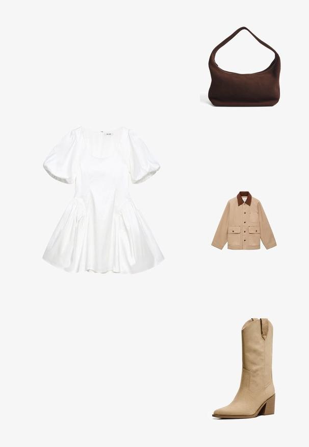 Veste beige avec un col en velours côtelé brun. Dotée d'une fermeture à boutons, d'une poche poitrine et de deux poches avant. Fabriquée en tissu durable.; Robe blanche à manches courtes avec un corsage ajusté, des détails froncés et une jupe évasée. Fabriquée en tissu léger, elle présente un col rond.; Bershka HIGH-HEEL - Bottes de cowboy / motard - beige; Sac à épaule en daim marron avec une anse courbée, texture douce et fermeture éclair sur le dessus. Aucune quincaillerie ni motifs visibles.