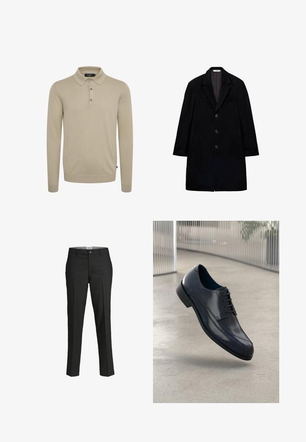 Cappotto di lana nera con revers a contrasto, fronte con tre bottoni, due tasche laterali e una tasca sul petto. Forma strutturata, tessuto texturizzato.; Polo a maniche lunghe in tessuto a maglia beige chiaro, caratterizzato da un colletto classico, patta con tre bottoni e polsini a coste.; Pantaloni neri, vestibilità sartoriale, tessuto liscio, vita media, chiusura con bottone frontale, tasche diagonali e dettagli di piega lungo le gambe.; Scarpa da cerimonia in pelle nera lucida con lacci, sospesa sopra un pavimento grigio chiaro e con barre metalliche verticali sullo sfondo.