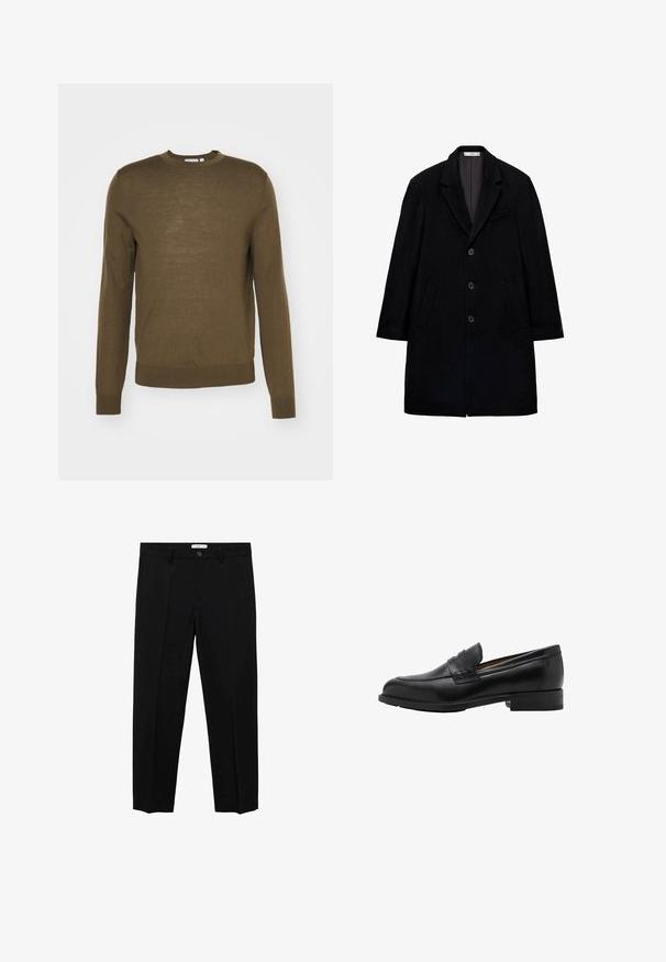 Schwarzer Wollmantel mit Reverskragen, Knopfverschluss mit drei Knöpfen, zwei seitlichen Taschen und einer Brusttasche. Strukturiert, mit texturierter Oberfläche.; Olivenfarbener langärmliger Pullover aus leichtem Strickmaterial mit rundem Halsausschnitt sowie gerippten Bündchen und Saum.; Schwarze, maßgeschneiderte Hosen mit geradem Schnitt, ausgestattet mit einem einzelnen Knopfverschluss, Gürtelschlaufen und vorderen Falten. Hergestellt aus einem glatten Stoff.; Schwarze Leder-Löcher mit genähtem Vorderteil und flachem Absatz. Glatte Textur mit runder Zehenform und einem dekorativen Riemen über dem Spann.
