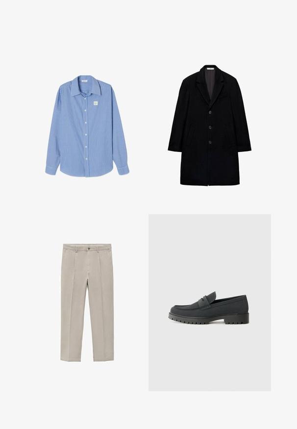 Črn volnen plašč z zarezo na ovratniku, spredaj na tri gumbe, z dvema stranskima žepoma in enim žepom na prsih. Struktura oblikovana, teksturirana tkanina.; Svetlo modra in bela prugasta dolgorasna srajca z gumbom spredaj, s koničastim ovratnikom in majhno oznako blagovne znamke na prsih.; Svetlo bež hlače iz kombinacije bombaža, z naravnimi ravnimi hlačnicami, s sprednjimi gubami, z gumbom na zapiranju in stranskimi žepi.; Črne loafer čevlje z gladkim mat zaključkom, z zaobljenim nosom in debelim, teksturiranim podplatom. Poudarjeni s sprednjim trakom.