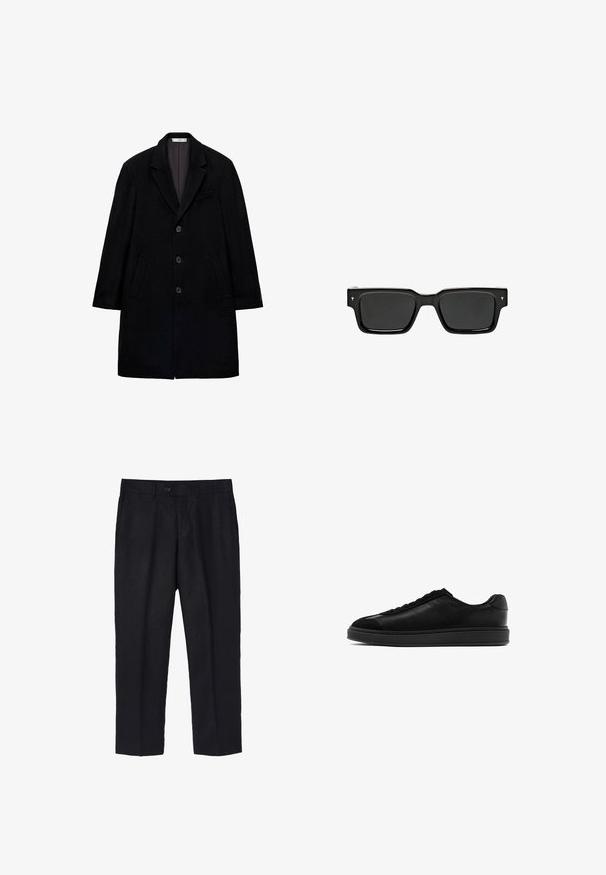 Zwarte wollen jas met een geknipte revers, een drieknoopsluiting, twee zijzakken en een enkele borstzak. Gestructureerde vorm, textuurstof.; Zwarte gebreide pullover met een platte kraag en V-halslijn. Heeft lange mouwen en ribgebreide manchetten en onderkant. Gelaagd stof met een glad uiterlijk.; Zwarte linnenbroek met een getailleerde pasvorm, voorzien van een enkele voorste knoop, plooien en rechte pijpen. Gladde textuur met een lichte afwerking.; Zwarte leren sneakers met een gladde afwerking, ronde neus, vetersluiting aan de voorkant en een contrasterende, gestructureerde tong. Dikke zwarte rubberen zool.; Zwarte rechthoekige zonnebril met donkere glazen, glanzend plastic montuur en kleine handtekeningaccenten op de pootjes. Platte profiel en scherpe hoeken.