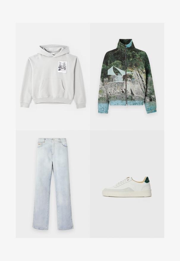 Su užtrauktuku užsegamas džemperis, kuriame vaizduojamas fotografinis pajūrio peizažas su akmenimis, vandeniu ir pastatu; spalvos: žalia, mėlyna ir ruda.; Šviesiai pilkas džemperis iš minkštos medžiagos su dideliu priekiniais kišeniu ir reguliuojama kapuce. Ant kairio krūtinės puikuojasi mažas nuotraukų atspaudas.; Pilkas trumpas rankovėmis marškinėliai, pagaminti iš minkštos, tekstūruotos medžiagos. Turi klasikinį apvalų kaklą ir tiesų apatinį kraštą, tinkamą kasdieniam dėvėjimui.; Šviesiai mėlynos džinsinės kelnės su tiesia kojų forma, pasižyminčios mygtuko uždarymu, penkiais kišenėmis ir kontrastine siūle.; Baltos sportbačiai su zomšos akcentais, apvaliu nosiu, plokščiais raišteliais ir kreminės spalvos guminiu padu. Ant kulno yra žalia ženklinimo detalė.