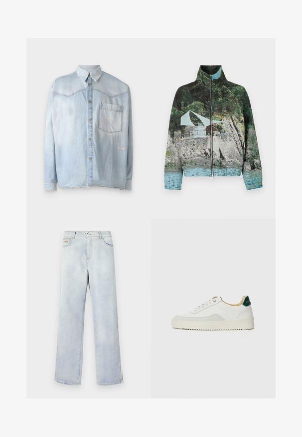 Zipperová bunda so photographickým potlačou pobrežnej scenérie s kameňmi, vodou a stavbou; farby zahŕňajú zelenú, modrú a hnedú.; Svetlomodrá denimová košeľa s gombíkovým zapínaním vpredu, klasickým golierom a jednou náprsní kapsou. Na látke sú viditeľné poškodené akcenty.; Svetlomodré džínsy s rovnými nohavicami, vybavené zapínaním na gombík, piatimi vreckami a kontrastným prešívaním.; Biele tenisky s semišovými akcentmi, zaoblenou špičkou, plochými šnúrkami a krémovou gumovou podrážkou. Na päte sú zelené značky.