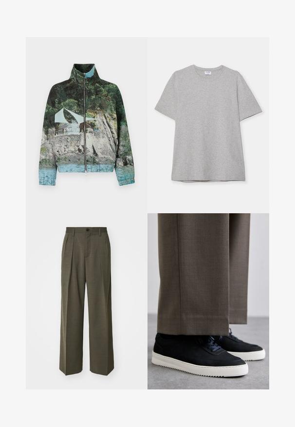 Cipzáras dzseki, amelyen egy parti táj fényképnyomat látható kövekkel, vízzel és egy építménnyel; a színek közé tartozik a zöld, kék és barna.; Szürke, rövid ujjú póló, puha, texturált anyagból készült. Klasszikus környakú és egyenes fazonú, alkalmas hétköznapi viseletre.; Filippa K WIDE TROUSERS - Nadrágok - driftwood; Fekete velúr sportcipők fehér gumitalppal, kerek orrú, fűzős kialakítással, szürke, szabott nadrággal párosítva.