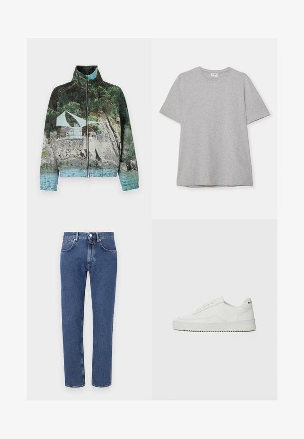 Vetoketjullinen takki, jossa on valokuvaprintti rannikkokohtauksesta, jossa on kiviä, vettä ja rakennus; värit sisältävät vihreää, sinistä ja ruskeaa.; Harmaa lyhythihainen T-paita, joka on valmistettu pehmeästä ja teksturoidusta kankaasta. Varustettu klassisella pyöreällä pääntiellä ja suoraselkäisellä helman kanssa, sopii rentoon pukeutumiseen.; Siniset farkut suoralinjaisella muotoilulla, vahvistetut saumat, viisi taskua ja edessä napitus.; Valkoinen nahkakenkä, jossa on sileä pinta, pyöreä kärki, tasaiset nauhat ja teksturoitu pohja. Sisältää huomaamattoman logon kantapäässä.