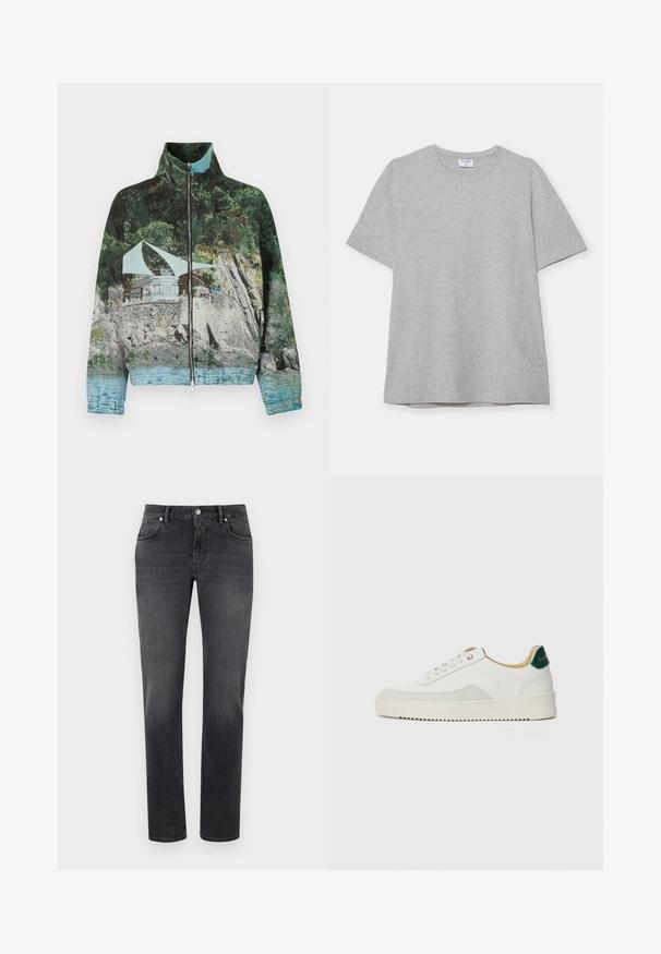 Tõmblukuga jakk, millel on fotoprint rannikust, kus on kivid, vesi ja ehitis; värvid sisaldavad roheline, sinine ja pruun.; Hallhargist lühikeste varrukatega T-särk pehmest, tekstuuriga kangast. Omab klassikalist ümarat kaelust ja sirget allääret, sobides igapäevaseks kandmiseks.; Hallid denimist teksad klassikalise sirge säärega disainiga, millel on esipocket'id, tõmblukk ja väike brändinimi parema tasku kohal.; Valged tennisjalanõud, millel on sametised aktsendid, ümar varvas, lame nöörid ja kreemjas kummine põhja. Hästi nähtav roheline bränding kannal.