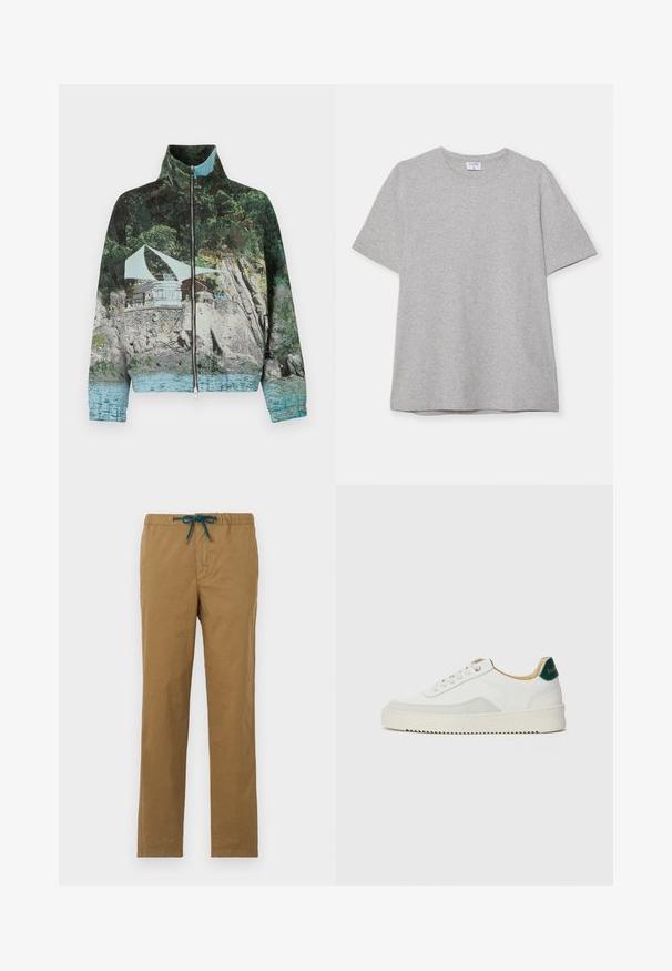 Veste zippée avec une impression photographique d'une scène côtière comprenant des rochers, de l'eau et une structure ; les couleurs incluent le vert, le bleu et le marron.; T-shirt gris à manches courtes fabriqué en tissu doux et texturé. Présente un col rond classique et un ourlet droit, idéal pour une tenue décontractée.; Pantalon en coton marron avec cordon de serrage à la taille en teal. Le design présente des jambes droites sans poches visibles ni embellissements.; Baskets blanches avec des accents en daim, bout arrondi, lacets plats et semelle en caoutchouc crème. Présente une marque verte sur le talon.