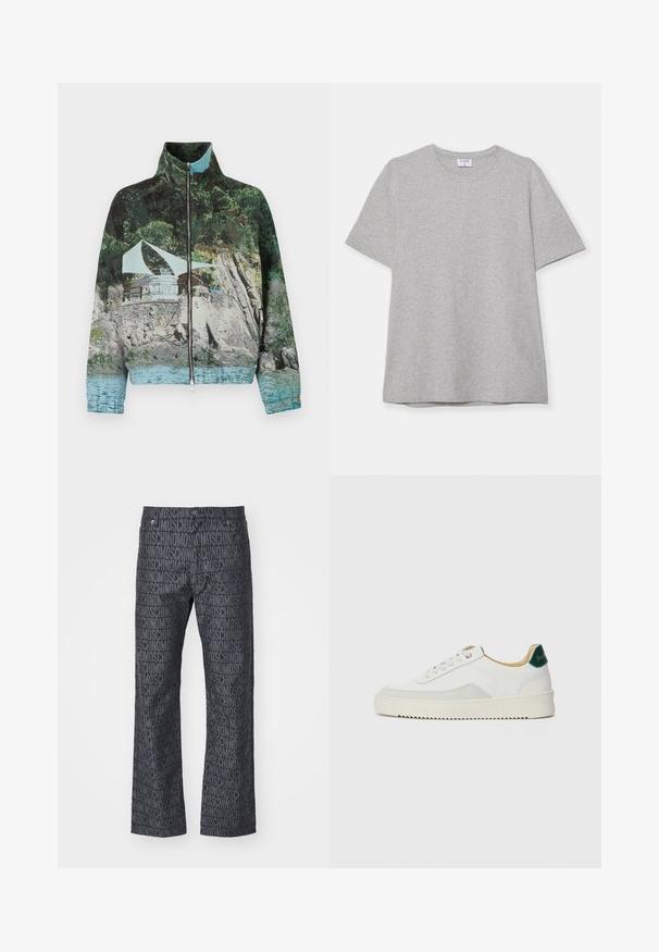 Su užtrauktuku užsegamas džemperis, kuriame vaizduojamas fotografinis pajūrio peizažas su akmenimis, vandeniu ir pastatu; spalvos: žalia, mėlyna ir ruda.; Pilkas trumpas rankovėmis marškinėliai, pagaminti iš minkštos, tekstūruotos medžiagos. Turi klasikinį apvalų kaklą ir tiesų apatinį kraštą, tinkamą kasdieniam dėvėjimui.; MOSCHINO PANTALONE - Tiesaus kirpimo džinsai - fantasia nero; Baltos sportbačiai su zomšos akcentais, apvaliu nosiu, plokščiais raišteliais ir kreminės spalvos guminiu padu. Ant kulno yra žalia ženklinimo detalė.