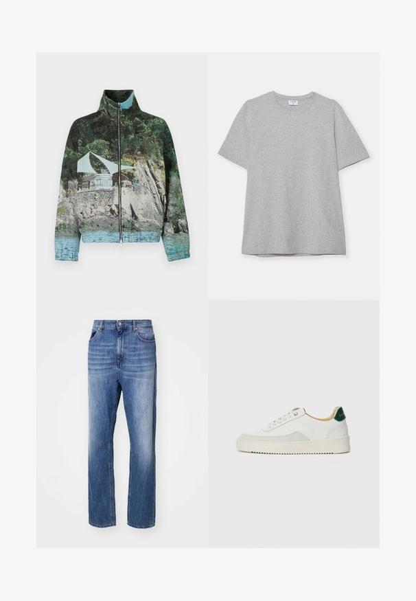 Zipperová bunda so photographickým potlačou pobrežnej scenérie s kameňmi, vodou a stavbou; farby zahŕňajú zelenú, modrú a hnedú.; Sivá krátke rukávové tričko vyrobené z mäkkej, textúrnej látky. Má klasický okrúhly výstrih a rovný lem, ideálne na neformálne nosenie.; Modré džíny z denimu so strihom rovného nohu. Obsahujú zapínanie na gombík a zips, päť vreciek a vybledlý vzhľad pre štruktúru.; Biele tenisky s semišovými akcentmi, zaoblenou špičkou, plochými šnúrkami a krémovou gumovou podrážkou. Na päte sú zelené značky.