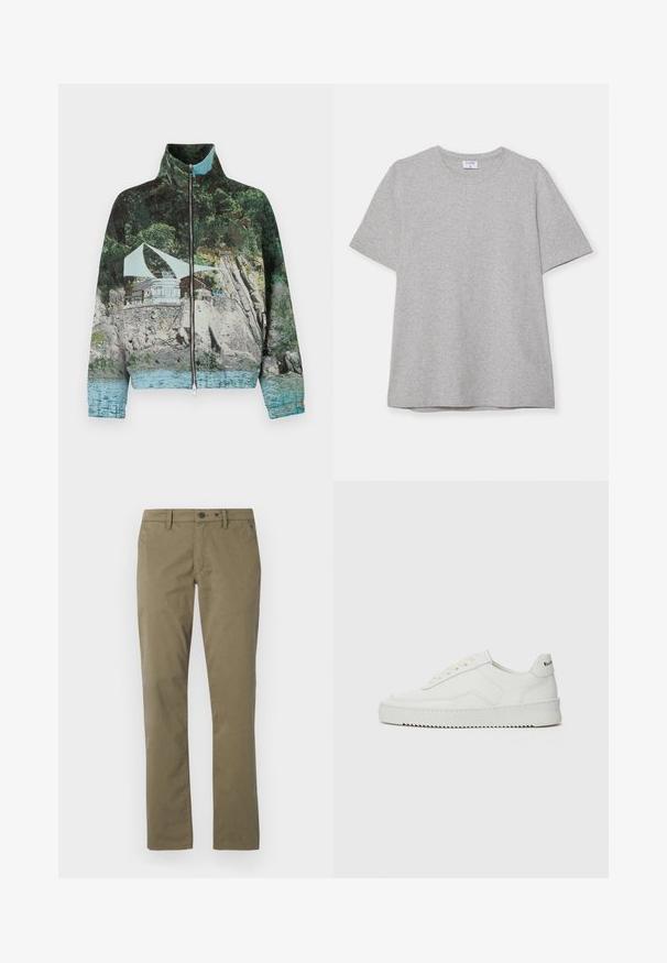Giacca con zip caratterizzata da una stampa fotografica di un paesaggio costiero con rocce, acqua e una struttura; i colori includono verde, blu e marrone.; T-shirt grigio a maniche corte realizzato in morbido tessuto testurizzato. Presenta un classico colletto a girocollo e un orlo dritto, adatto per un abbigliamento casual.; Pantaloni khaki in cotone, con design a gamba dritta, due tasche frontali e chiusura con bottone e zip.; Sneaker in pelle bianca con una finitura liscia, punta rotonda, lacci piatti e suola testurizzata. Presenta un logo discreto sul tallone.