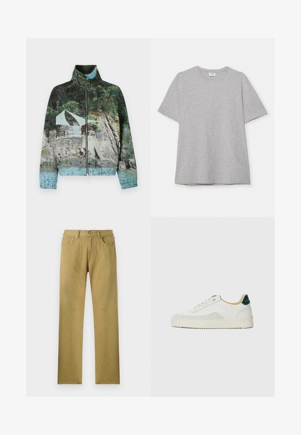 Jas met rits met een fotografische print van een kustlandschap met rotsen, water en een constructie; kleuren zijn groen, blauw en bruin.; Grijze T-shirt met korte mouwen, gemaakt van zacht, textuurstof. Heeft een klassieke ronde hals en een rechte zoom, geschikt voor casual dragen.; Olijfgroene, rechte broek met voorzakken, een knoopsluiting en een subtiel geweven patroon over de stof.; Witte sneaker met suède accenten, ronde neus, platte veters en een crème rubberen zool. Bevat groene branding op de hiel.