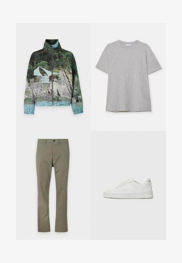 Kabat ar rāvējslietu, kurā ir attēlota piekrastes ainava ar akmeņiem, ūdeni un struktūru; krāsas ietver zaļu, zilu un brūnu.; Pelēks īsā piedurkņu T-krekls, kas izgatavots no mīkstas, teksturētas auduma. Tam ir klasiskā apļa kakla izgriezums un taisna apakšmalā, piemērots ikdienas valkāšanai.; Olive zaļas bikses, kas izgatavotas no kokvilnas auduma maisījuma, ar rāvējslēdzēja aizdari, pogu slēgšanu un sānu kabatām. Tieša kāja ar gludu tekstūru.; Baltas ādas sneakers ar gludu virsmu, apaļu pirkstu daļu, plakaniem šņorēm un teksturētu zoli. Satur diskrētu logotipu uz papēža.