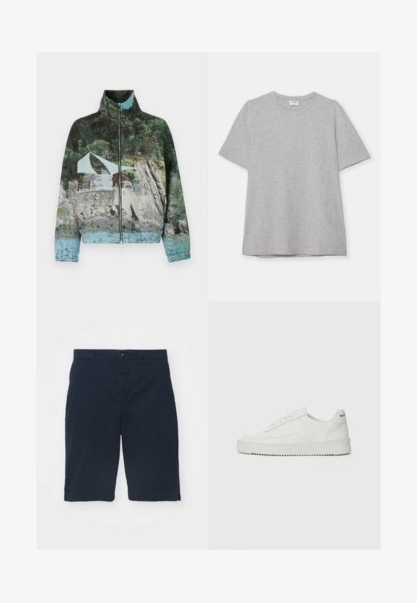 Su užtrauktuku užsegamas džemperis, kuriame vaizduojamas fotografinis pajūrio peizažas su akmenimis, vandeniu ir pastatu; spalvos: žalia, mėlyna ir ruda.; Pilkas trumpas rankovėmis marškinėliai, pagaminti iš minkštos, tekstūruotos medžiagos. Turi klasikinį apvalų kaklą ir tiesų apatinį kraštą, tinkamą kasdieniam dėvėjimui.; Tamsiai mėlynos medvilninės šortai su lygia priekiu, mygtukų uždarymu ir šoninėmis kišenėmis. Išilgai kolenų, su lygiu paviršiumi ir švariais siūlėmis.; Balti odiniai sportiniai bateliai su lygia apdaila, apvaliu pirštu, plokščiais raišteliais ir tekstūruotu padu. Pasižymi subtiliu logotipu ant kulno.