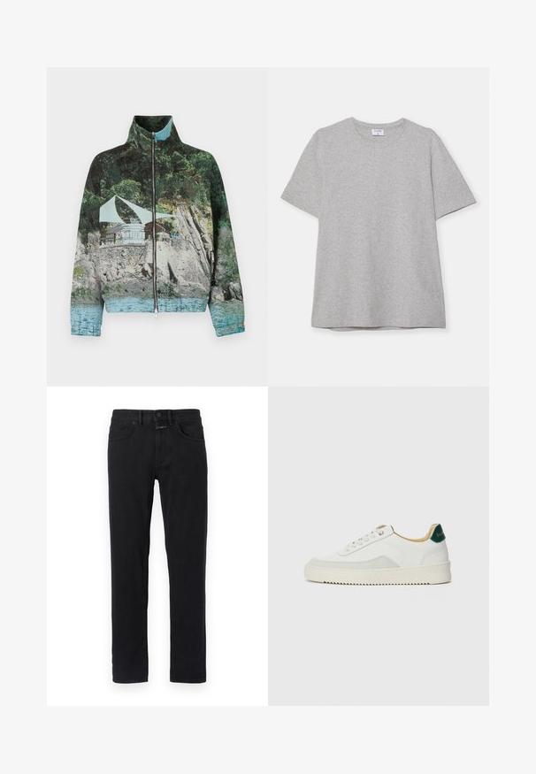 Su užtrauktuku užsegamas džemperis, kuriame vaizduojamas fotografinis pajūrio peizažas su akmenimis, vandeniu ir pastatu; spalvos: žalia, mėlyna ir ruda.; Pilkas trumpas rankovėmis marškinėliai, pagaminti iš minkštos, tekstūruotos medžiagos. Turi klasikinį apvalų kaklą ir tiesų apatinį kraštą, tinkamą kasdieniam dėvėjimui.; Juodos džinsinės kelnės su siauru pjūviu, turinčios klasikinį keturių kišenių dizainą, dirželių kilpas ir mygtuko užsegimą. Lygi textura, be matomų raštų.; Baltos sportbačiai su zomšos akcentais, apvaliu nosiu, plokščiais raišteliais ir kreminės spalvos guminiu padu. Ant kulno yra žalia ženklinimo detalė.