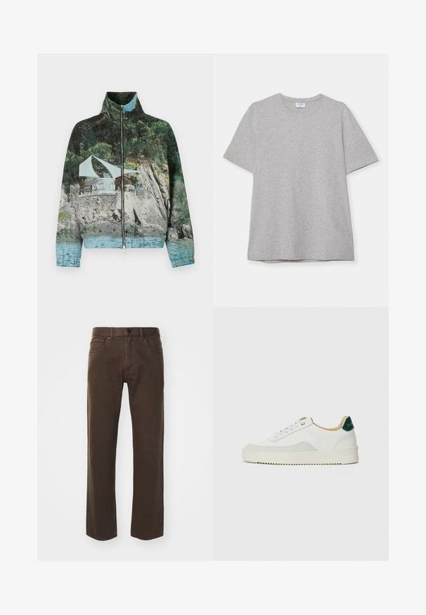 Tõmblukuga jakk, millel on fotoprint rannikust, kus on kivid, vesi ja ehitis; värvid sisaldavad roheline, sinine ja pruun.; Hallhargist lühikeste varrukatega T-särk pehmest, tekstuuriga kangast. Omab klassikalist ümarat kaelust ja sirget allääret, sobides igapäevaseks kandmiseks.; Theory VIGGO - Sirgete säärtega teksad - brown; Valged tennisjalanõud, millel on sametised aktsendid, ümar varvas, lame nöörid ja kreemjas kummine põhja. Hästi nähtav roheline bränding kannal.