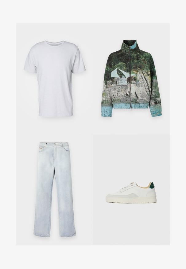 Kurtka zapinana na zamek z fotograficznym nadrukiem przedstawiającym nadmorską scenerię z skałami, wodą i obiektem; kolory to zieleń, niebieski i brązowy.; Biała koszulka z okrągłym dekoltem wykonana z lekkiej bawełny. Krótkie rękawy i lekko teksturowany materiał. Brak widocznych wzorów lub akcentów.; Jasnoniebieskie dżinsy z prostymi nogawkami, z zapięciem na guzik, pięcioma kieszeniami i kontrastowym przeszyciem.; Białe trampki z zamszowymi akcentami, zaokrąglony czubek, płaskie sznurowadła i kremowa gumowa podeszwa. Posiadają zielone logo na pięcie.