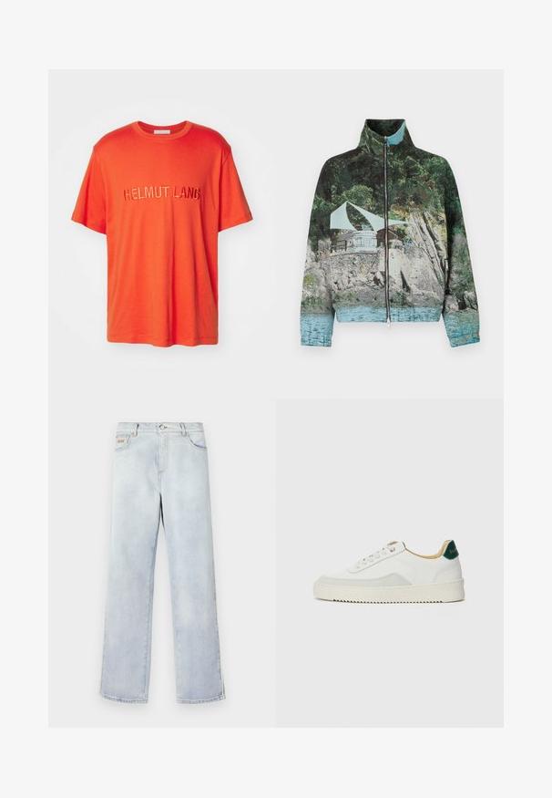 Kurtka zapinana na zamek z fotograficznym nadrukiem przedstawiającym nadmorską scenerię z skałami, wodą i obiektem; kolory to zieleń, niebieski i brązowy.; Pomarańczowa bawełniana koszulka z krótkim rękawem i okrągłym dekoltem, z haftowanym napisem "HELMUT LANG" na przodzie.; Jasnoniebieskie dżinsy z prostymi nogawkami, z zapięciem na guzik, pięcioma kieszeniami i kontrastowym przeszyciem.; Białe trampki z zamszowymi akcentami, zaokrąglony czubek, płaskie sznurowadła i kremowa gumowa podeszwa. Posiadają zielone logo na pięcie.
