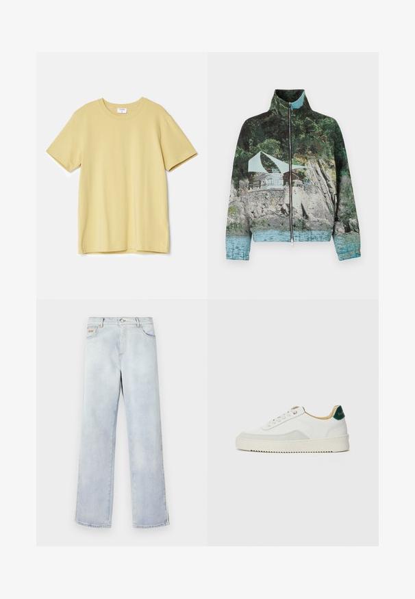Bunda na zip s fotografickým potiskem přímořské scény s kameny, vodou a stavbou; barvy zahrnují zelenou, modrou a hnědou.; Žluté tričko s krátkým rukávem vyrobené z měkké bavlny, s kulatým výstřihem a rovný střih bez viditelných vzorů nebo akcentů.; Světle modré džíny s rovnými nohavicemi, které mají zapínání na knoflík, pět kapes a kontrastní prošití.; Bílé tenisky se semišovými prvky, kulatou špičkou, plochými tkaničkami a krémovou gumovou podrážkou. Na patě mají zelené logo.