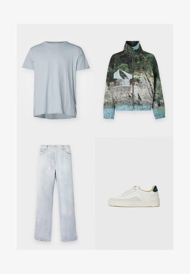 Bunda na zip s fotografickým potiskem přímořské scény s kameny, vodou a stavbou; barvy zahrnují zelenou, modrou a hnědou.; Filippa K ROLL NECK TEE - Jednoduché tričko - thunderstorm; Světle modré džíny s rovnými nohavicemi, které mají zapínání na knoflík, pět kapes a kontrastní prošití.; Bílé tenisky se semišovými prvky, kulatou špičkou, plochými tkaničkami a krémovou gumovou podrážkou. Na patě mají zelené logo.