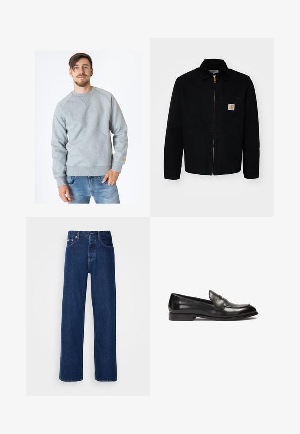 Černá plátěná bunda na zip, s špičatým límcem a postranními kapsami. Obsahuje malé logo na kapse na hrudi. Zlatý zip jako detail.; Carhartt WIP CHASE - Mikina - ash heather; Bílý tričko s krátkým rukávem vyrobené z měkké bavlny. Má kulatý výstřih a volný střih, s hladkou texturou a čistým, nezdobeným designem.; Tmavě modré džíny z denimu s širokým střihem, které mají zapínání na knoflík a klasické pětivreckové provedení. Tkanina má hladkou texturu.; Černé kožené mokasíny s nízkým podpatkem, které mají prošitou špičku v moccasin stylu a design předního panelu. Hladký povrch s lesklým finišem.