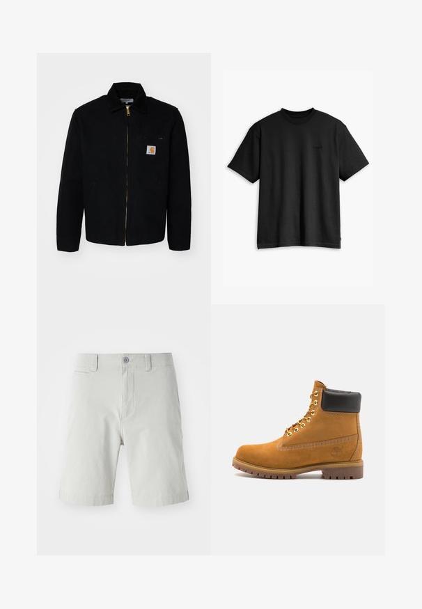 Črna platnena jakna z zadrgo spredaj, z ostrim ovratnikom in stranskimi žepi. Ima majhno logo na žepu na prsih. Zlati detajl zadrge.; Črna bombažna majica s kratkimi rokavi in krožnim izrezom. Ima diskreten logo na sprednji strani in raven rob. Preprost in minimalističen dizajn.; Svetlo sivi kratke hlače iz mehkega blaga, ki imajo gumbasto zapiranje, stranske žepke in čist, krojen dizajn. Dolžina seže do sredine stegna.; Svetlo rjave anklne čizme iz semiša z črnim oblazinjenim ovratnikom, zlatimi kovinskimi očesci, belimi šivi in robustnim gumijastim podplatom s izrazitimi tredi.