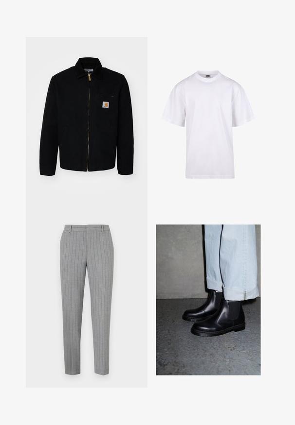 Svart canvasjakke med glidelås foran, spiss krage og sidelommer. Har en liten logo på brystlommen. Gull glidelåsdetalj.; Hvit bomulls t-skjorte med rund hals, korte ermer og avslappet passform. Har et ensfarget design uten mønstre eller detaljer.; Grå stripete bukser med en skreddersydd design. Har flat front, beltehemper og slim fit. Glatt tekstur.; Sorte skinn Chelsea-støvler med elastiske sidepaneler og en teksturert gummisåle, kombinert med lyseblå oppbrettede denimjeans.