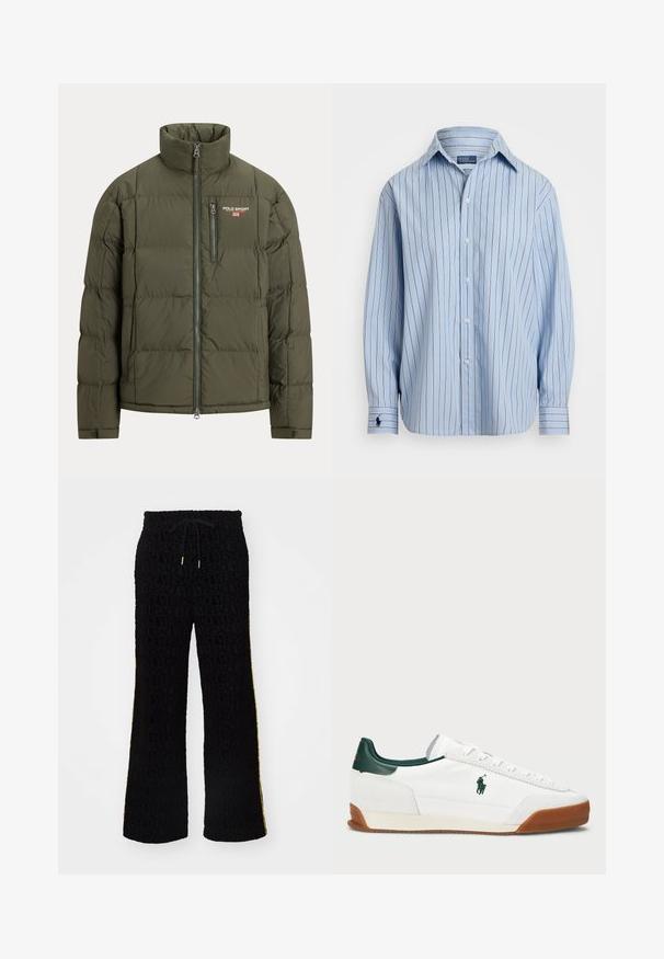 Casaco acolchoado verde-escuro com gola alta, fecho de correr frontal e bolso no peito com fecho de correr. Apresenta uma textura acolchoada e um pequeno detalhe de logótipo.; Camisa de manga longa azul clara com riscas verticais em branco e castanho, com fecho de botões à frente e um pequeno logótipo no punho esquerdo. Textura de tecido suave.; Calças pretas com um tecido texturizado com o padrão do logótipo "VERSACE", cintura com cordão e detalhes laterais amarelos. Design de perna larga.; Sapatilha branca com detalhes em pele verde e sola em borracha bege. Apresenta um corpo em tecido e um logótipo proeminente na lateral. Design com atacadores.